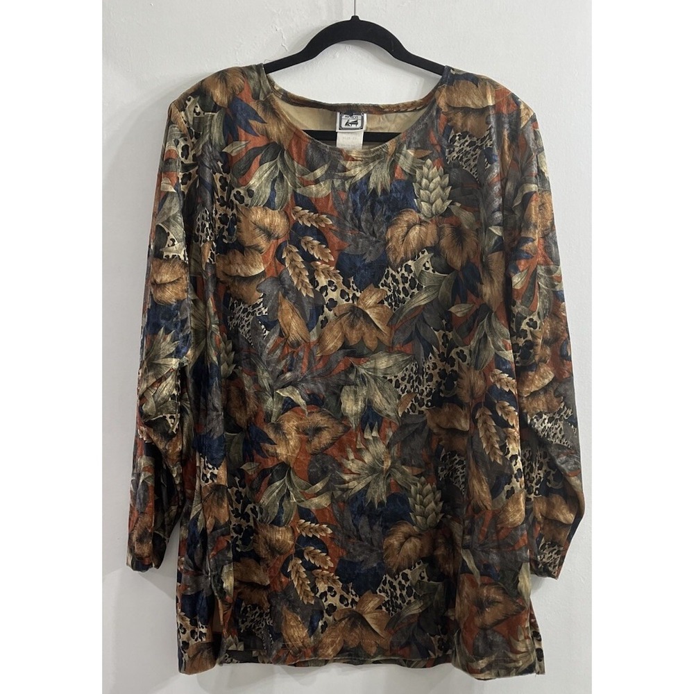 Vintage‎ Velvet Leopard Top 3X Animal Floral Print Blue Brown Fall 80's